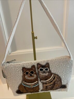 Studio 12 Beaded Cat Shoulder Bag Pearl White